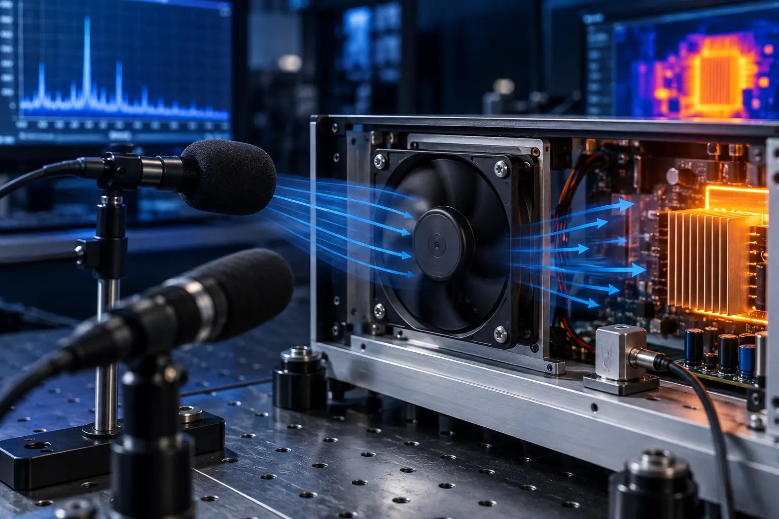 Cooling fan in an electronics enclosure on an acoustic and vibration test bench with microphones and sensors