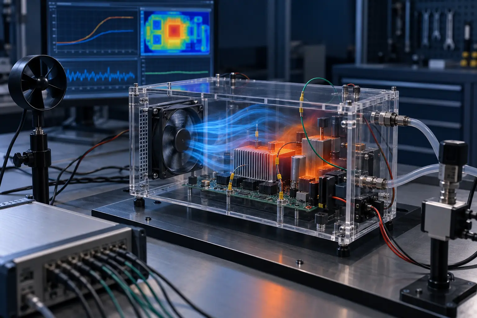 Cooling fan mounted inside a transparent electronics enclosure on a laboratory test bench with probes and instruments