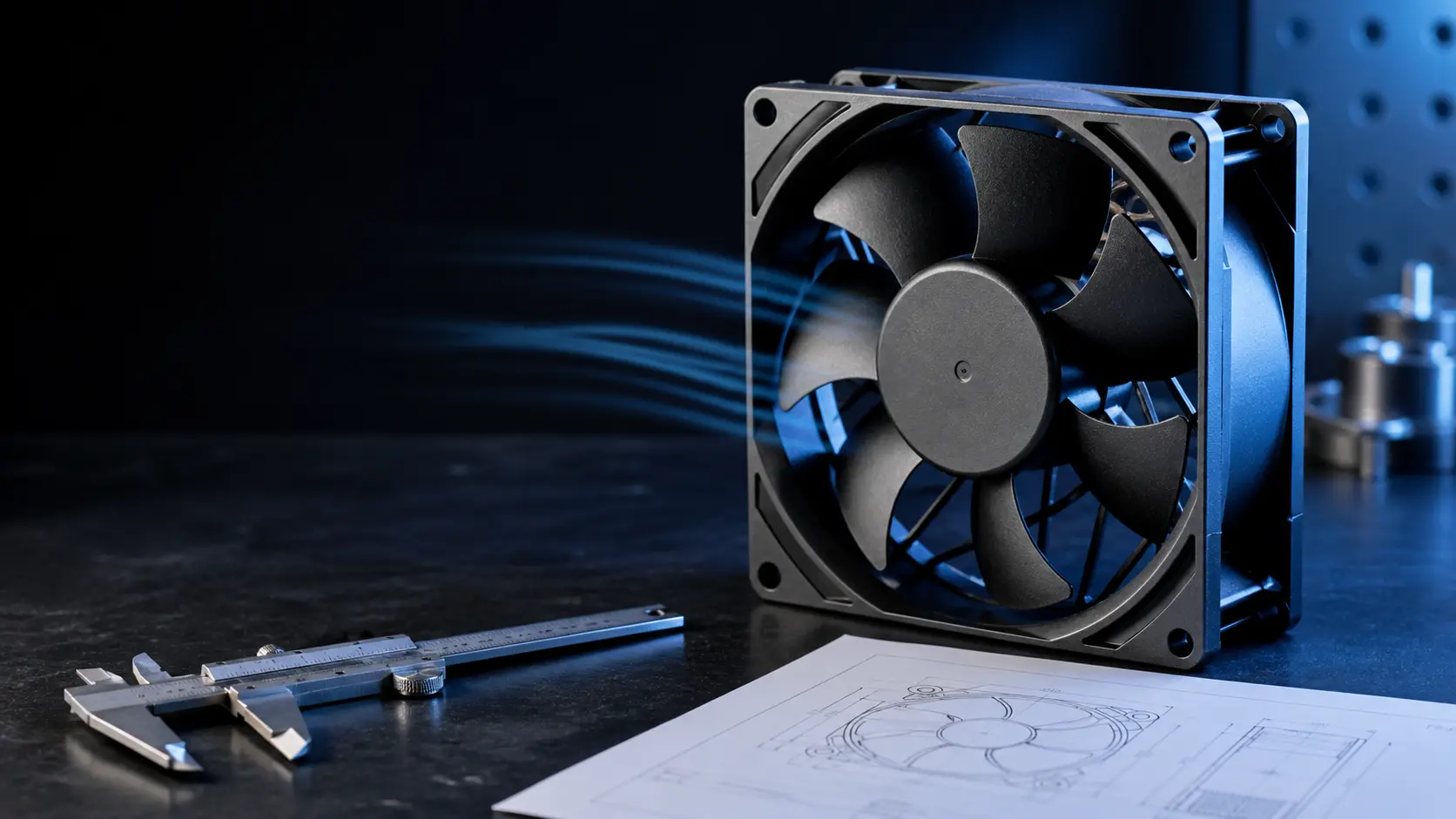 Cooling fan beside engineering tools and a server design workspace