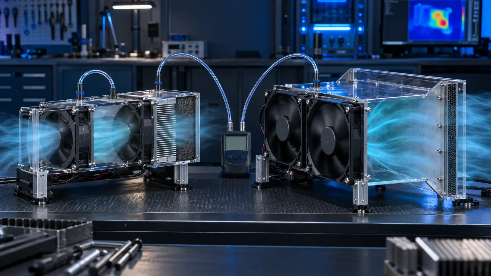 Two laboratory cooling fan test rigs comparing front-to-back series fans with side-by-side parallel fans