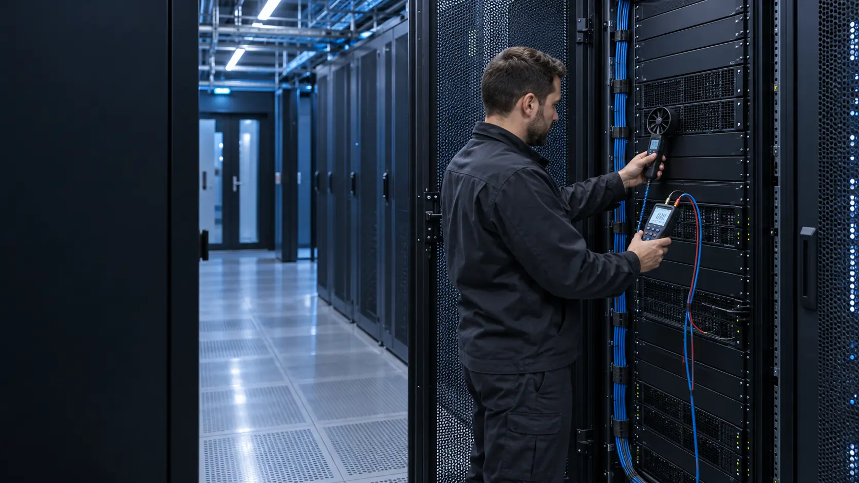 A network switch in a rack with airflow direction arrows from the cold aisle through the chassis to the hot aisle, showing the two-layer cooling problem.