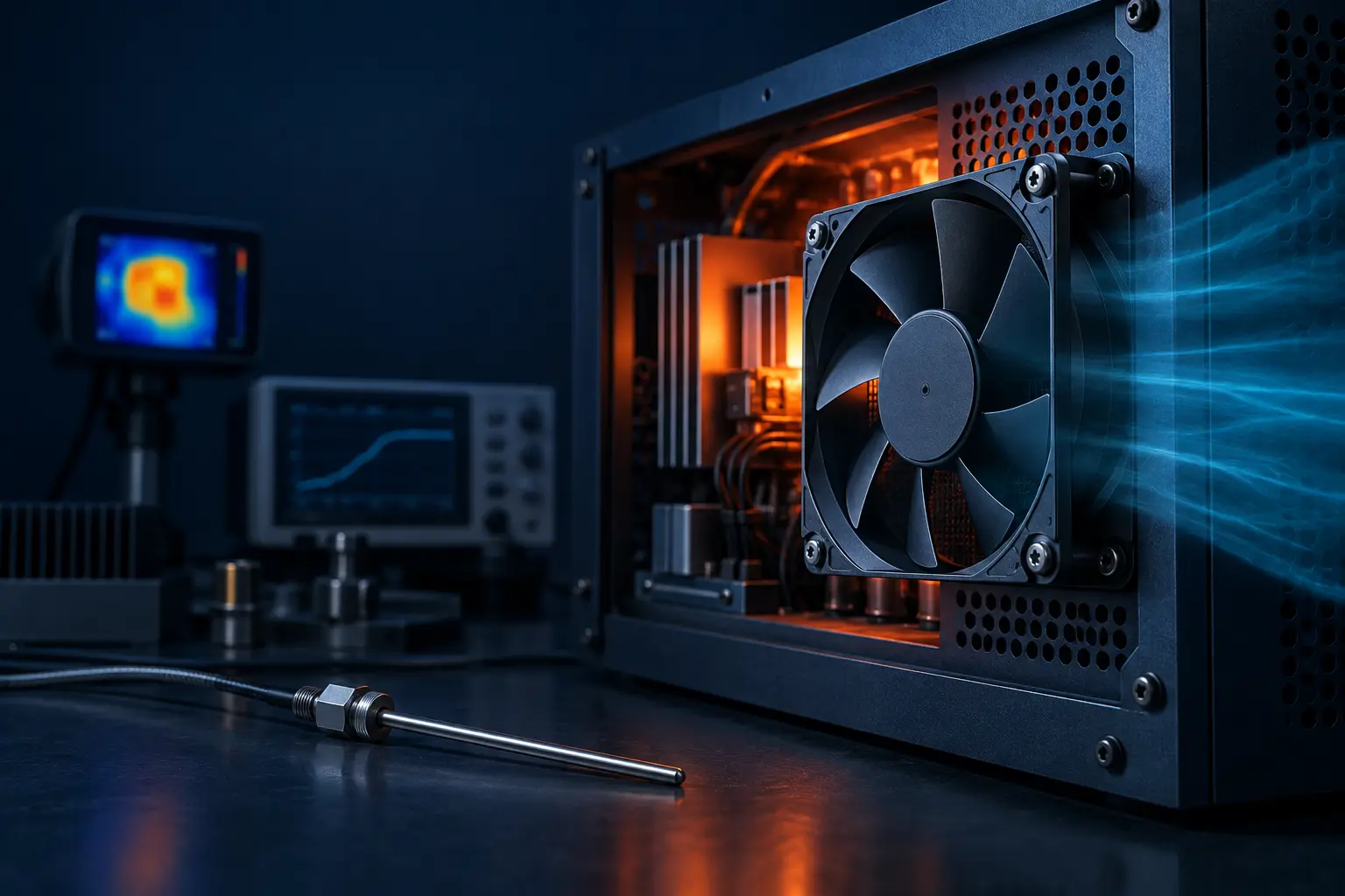 Industrial cooling fan in a hot electronics enclosure with blue airflow and orange thermal glow