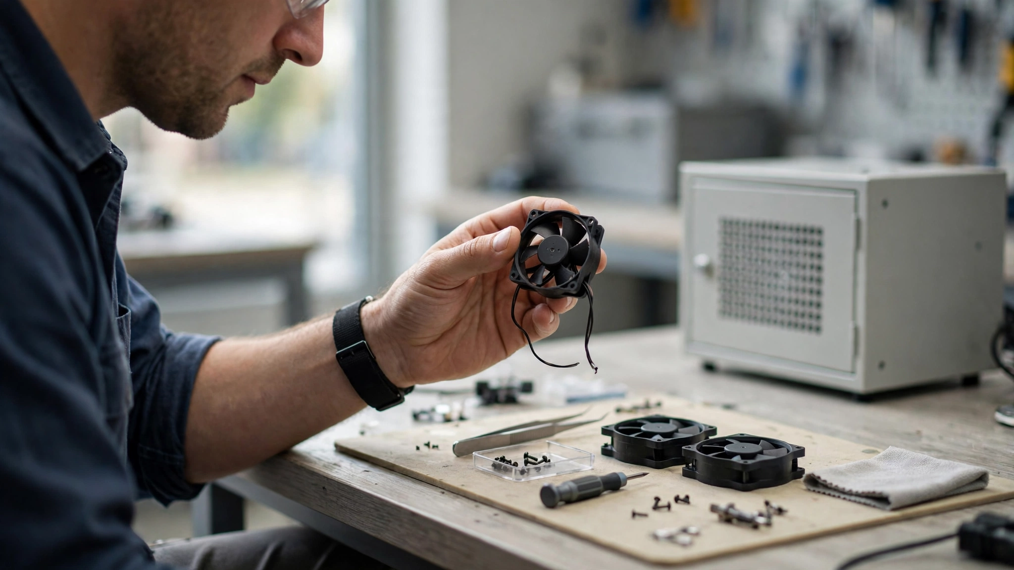 A technician replacing a fan motor in a data hall, with a separate variable speed drive unit on the wall