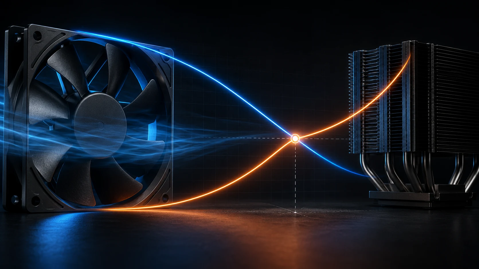 Fan and heatsink connected by intersecting fan and system resistance curves with a glowing operating point