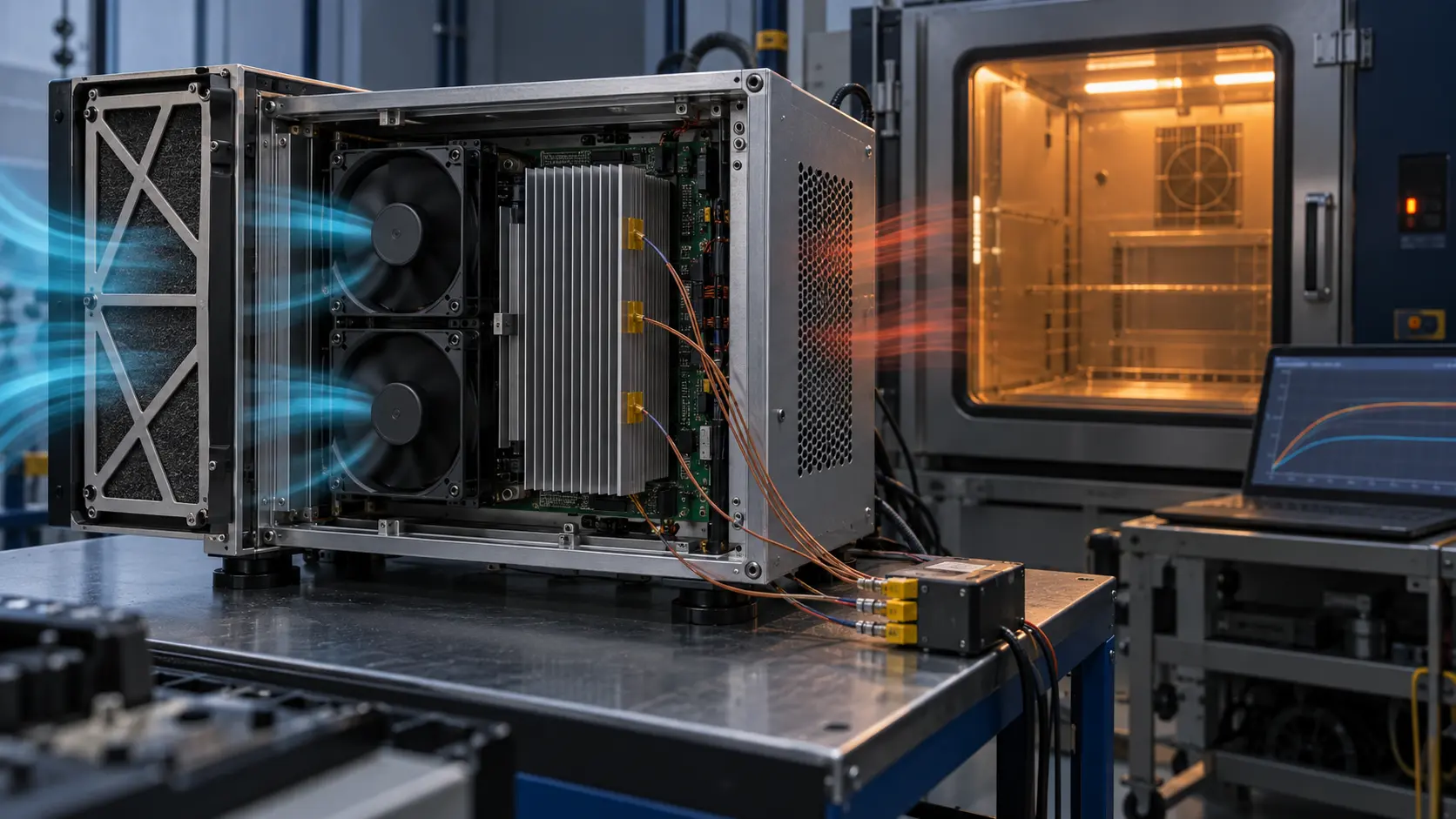 Open industrial electronics enclosure with two cooling fans, a filter, thermocouple leads and an environmental chamber in a thermal test laboratory