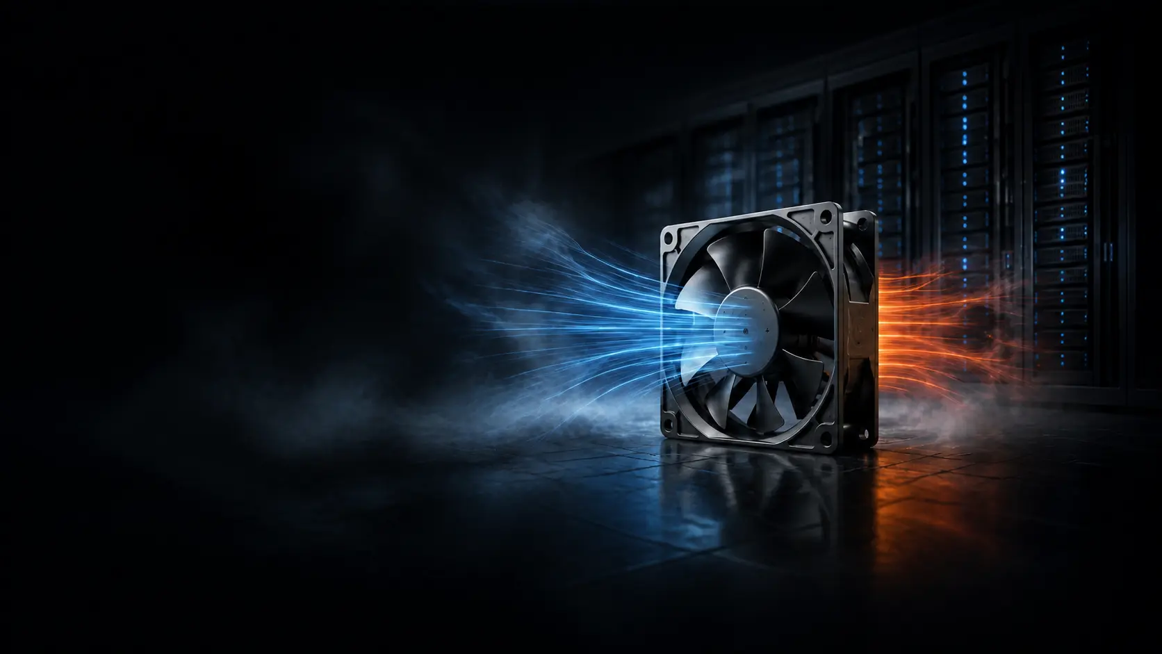 Industrial cooling fan with blue and orange airflow