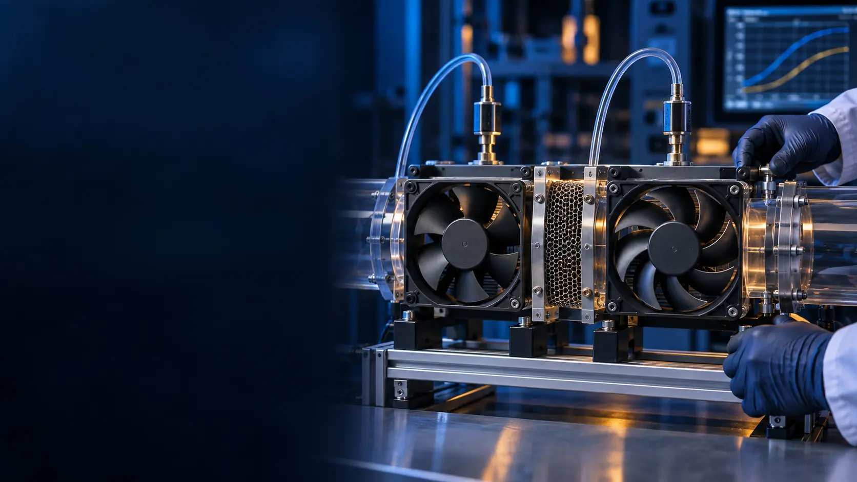 Custom replacement cooling fan: engineer reviewing fan samples in a real equipment test setup
