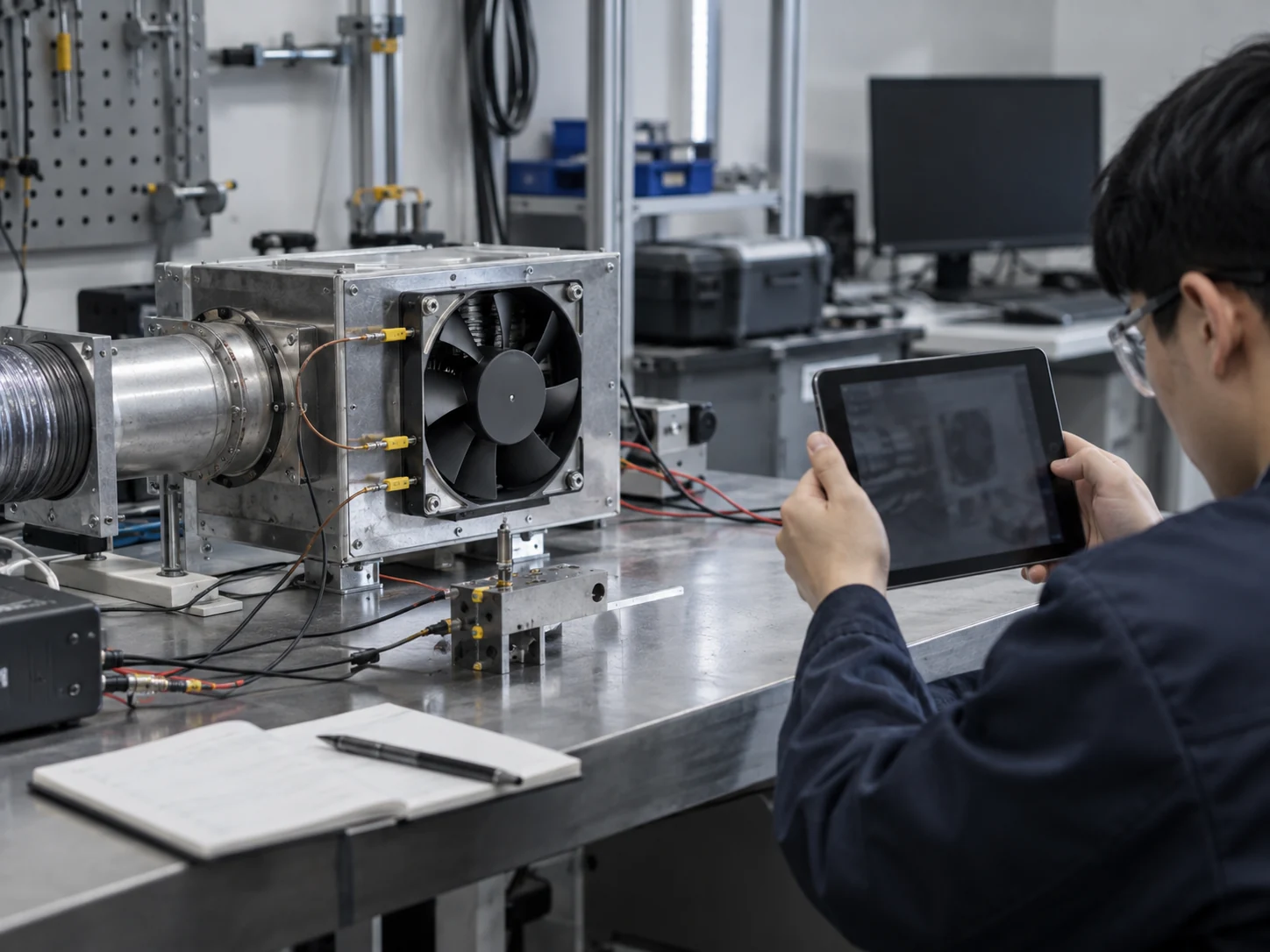 Engineer recording a cooling-fan prototype test setup in a real lab