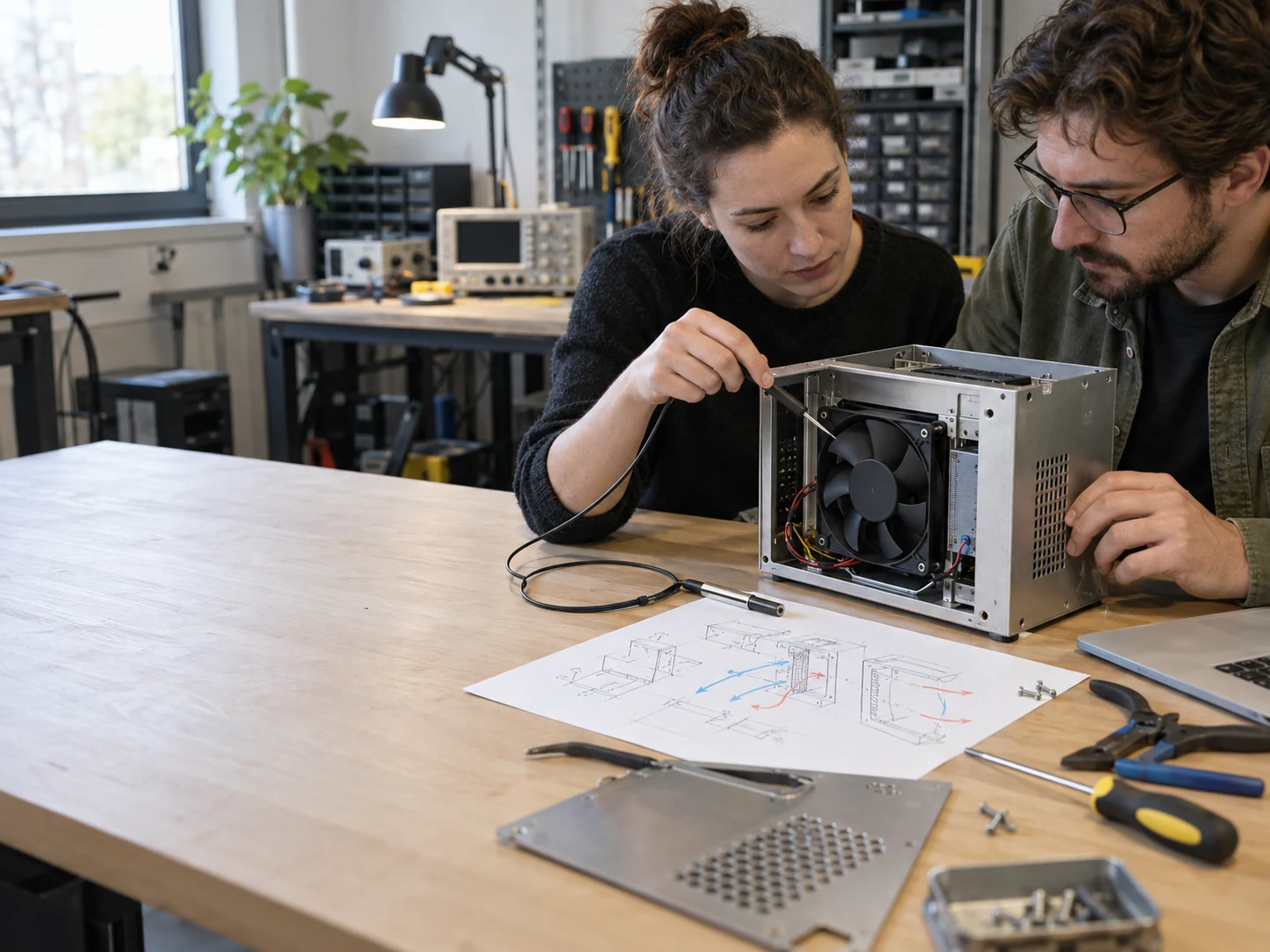 Startup hardware engineers preparing a cooling-fan prototype for a first test