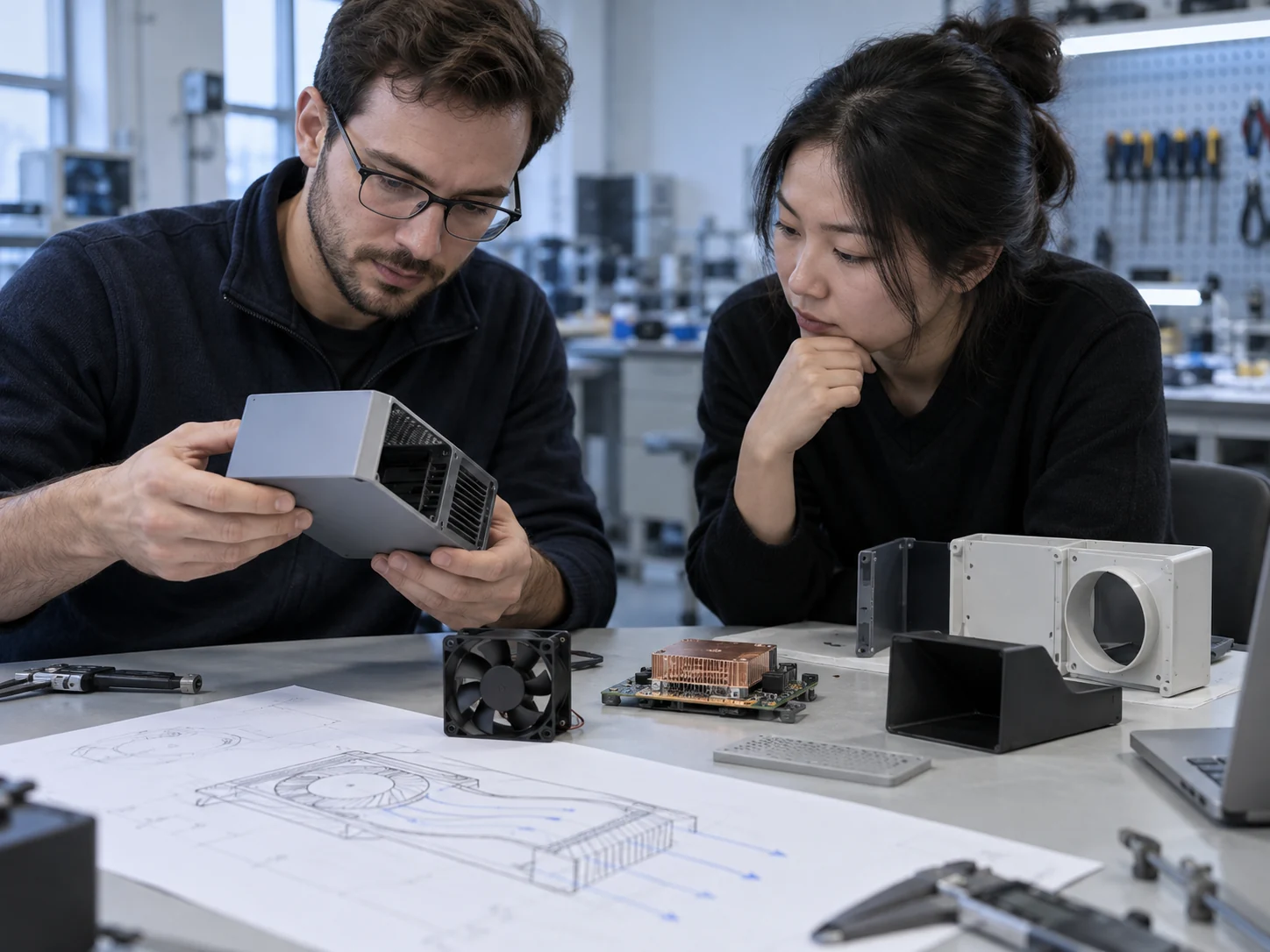 Engineers reviewing the enclosure, fan and air-path inputs for a prototype