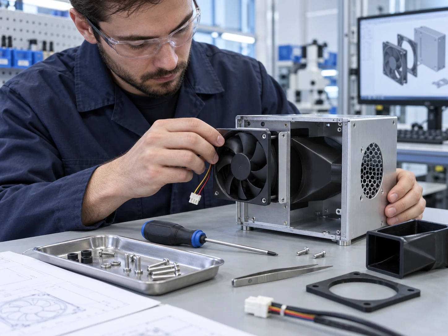 Engineer fitting an unbranded cooling fan into a prototype enclosure