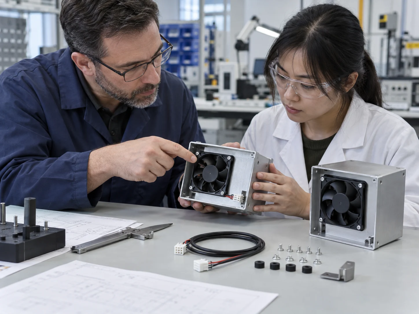 Engineers reviewing the approved fan assembly before a controlled build