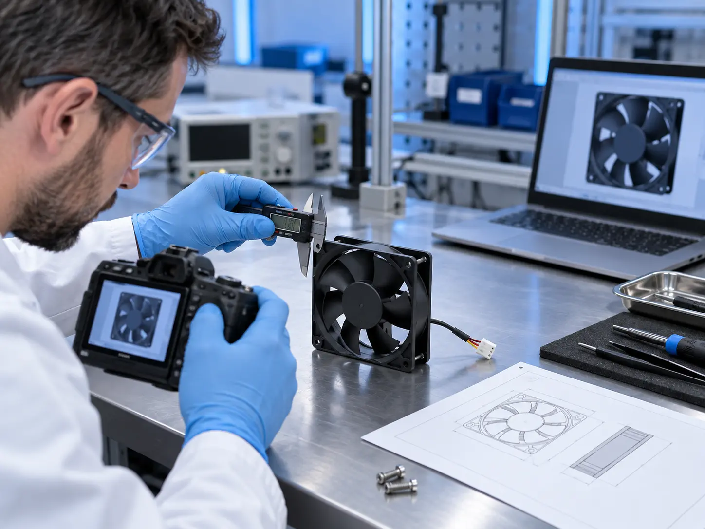 Engineer measuring reference cooling fan