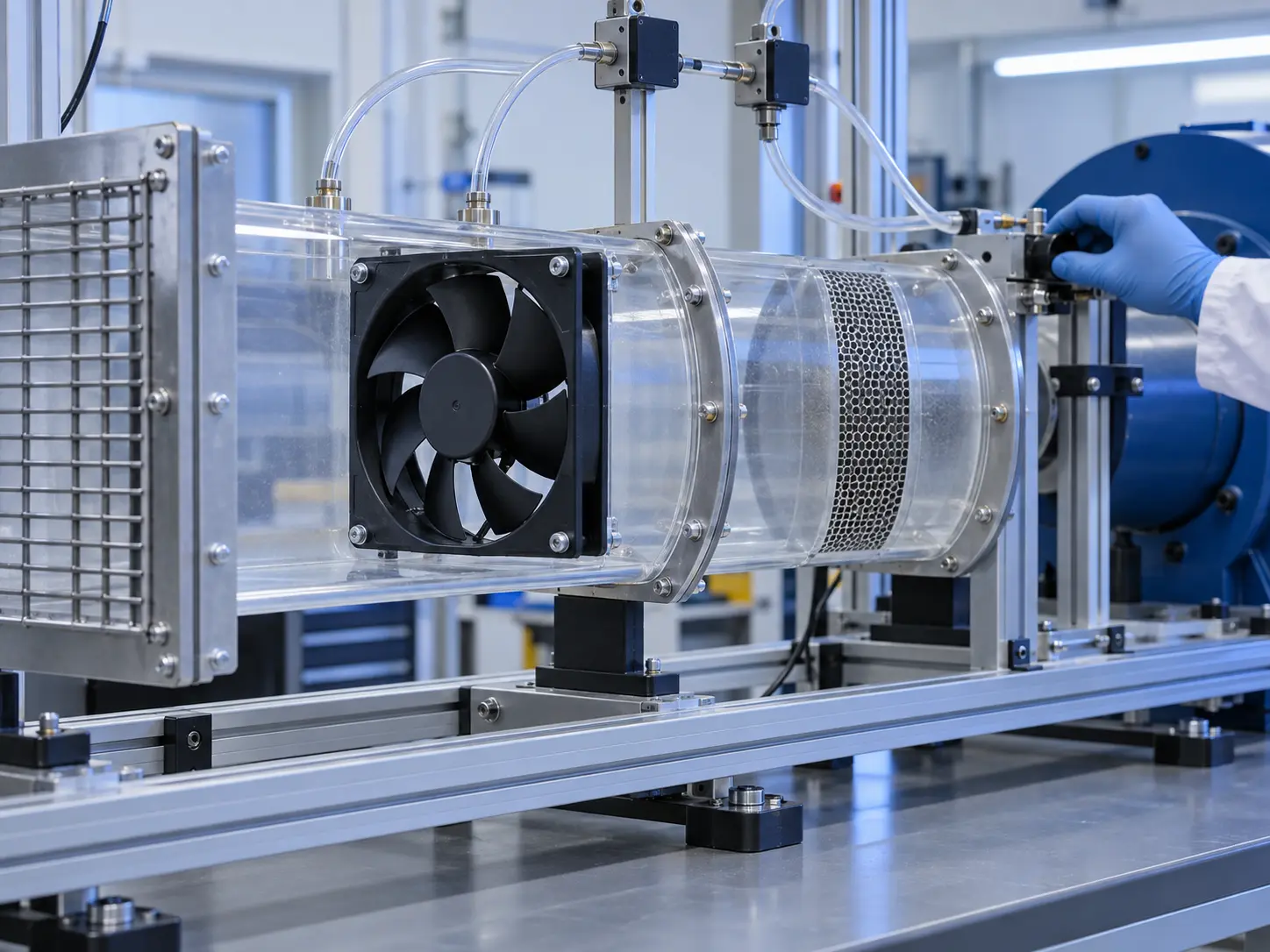 Cooling fan in airflow duct with pressure tubing