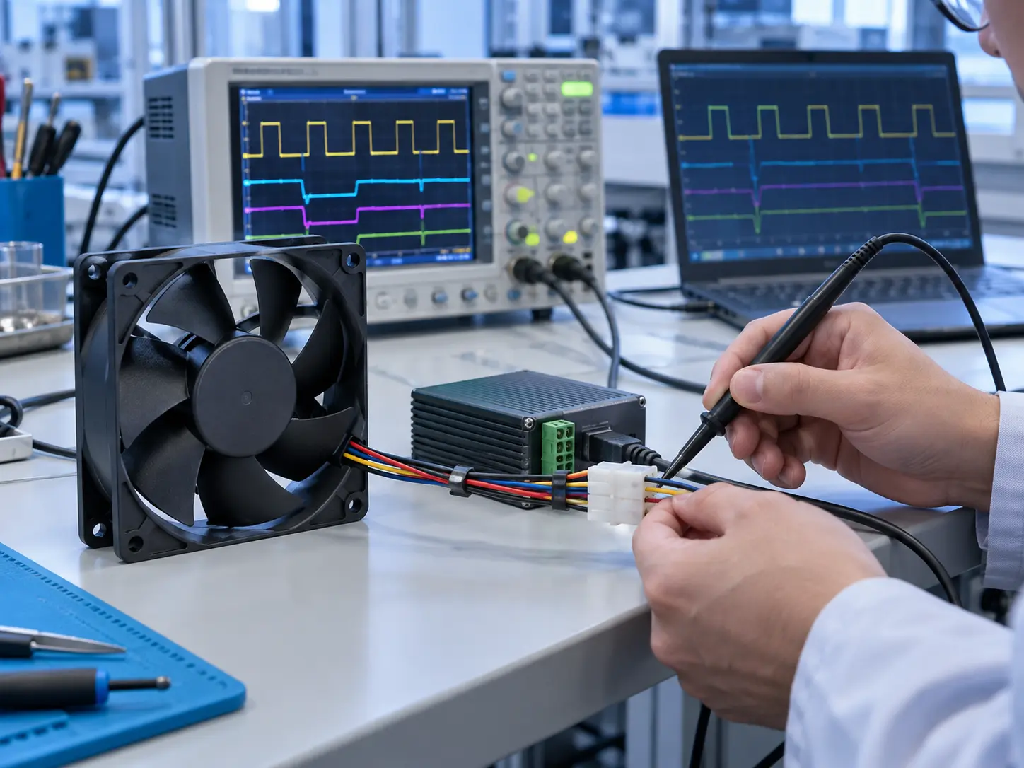 Engineer validating fan connector and control signals