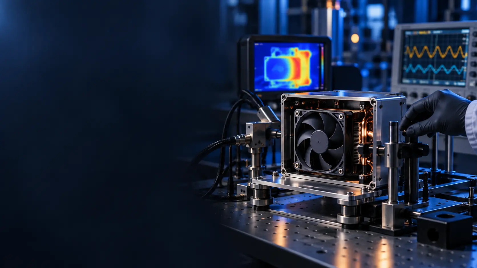 Startup cooling fan prototyping: engineer reviewing fan samples in a real equipment test setup